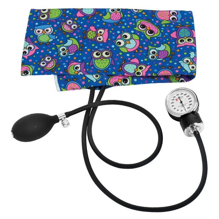 clinical aneroid sphygmomanometer with blue butterfly print cuff