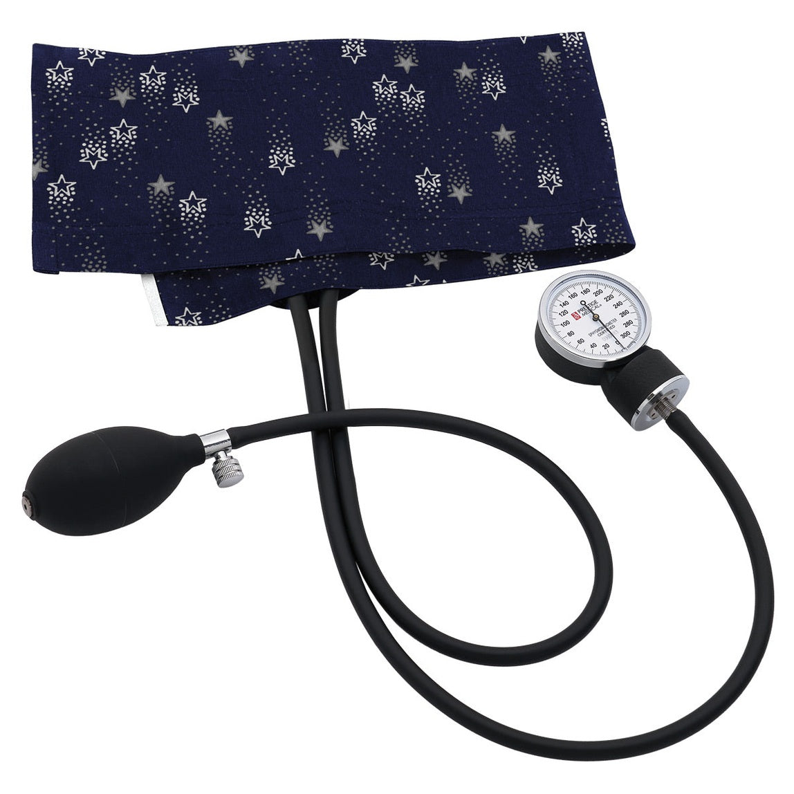 clinical aneroid sphygmomanometer with navy small-print cuff
