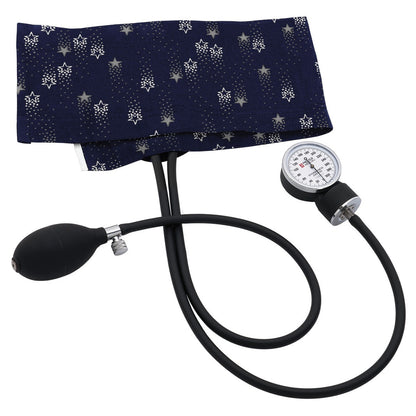 clinical aneroid sphygmomanometer with navy small-print cuff