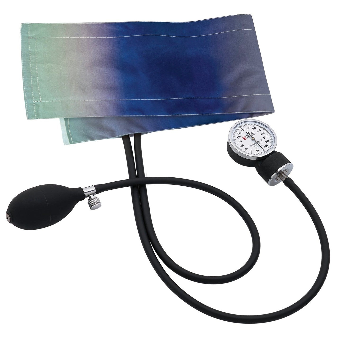 clinical aneroid sphygmomanometer with blue-green tie-dye cuff