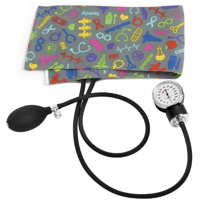 clinical aneroid sphygmomanometer with teal medical icon print cuff