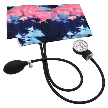 clinical aneroid sphygmomanometer with dark blue tie-dye cuff