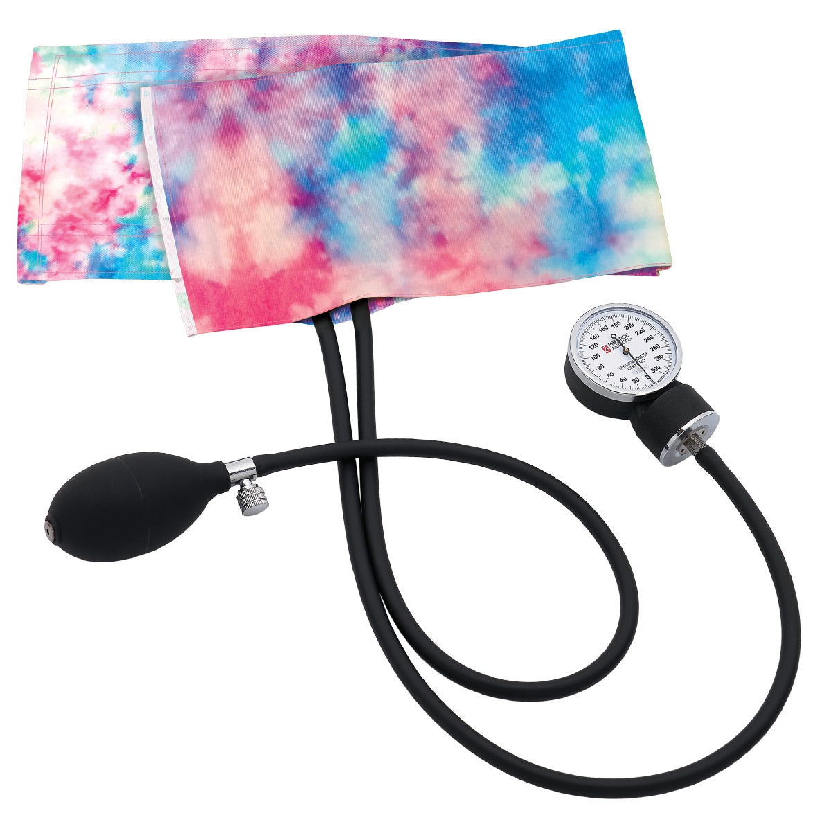 clinical aneroid sphygmomanometer with pink tie-dye cuff