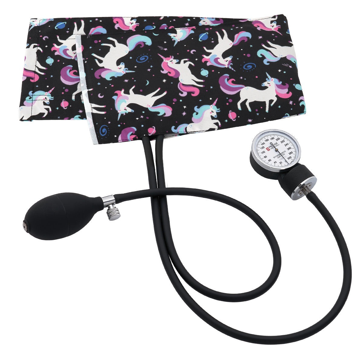 clinical aneroid sphygmomanometer with black floral print cuff