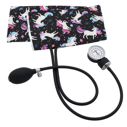 clinical aneroid sphygmomanometer with black floral print cuff