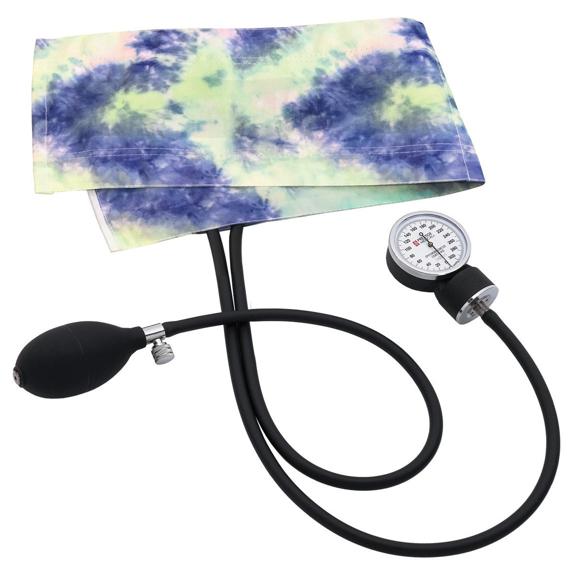 clinical aneroid sphygmomanometer with purple and green tie-dye cuff