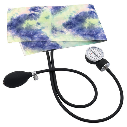 clinical aneroid sphygmomanometer with purple and green tie-dye cuff