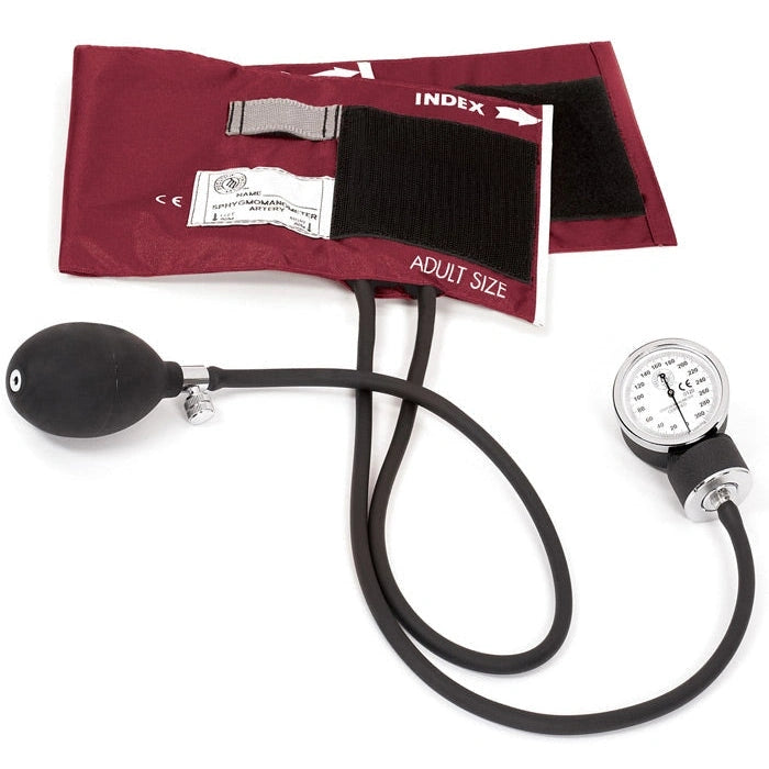 Aneroid sphygmomanometer with burgundy arm cuff and matching bulb
