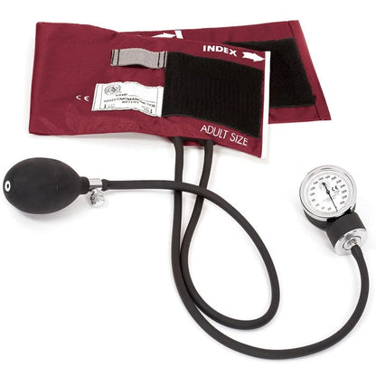 Aneroid sphygmomanometer with burgundy arm cuff and matching bulb