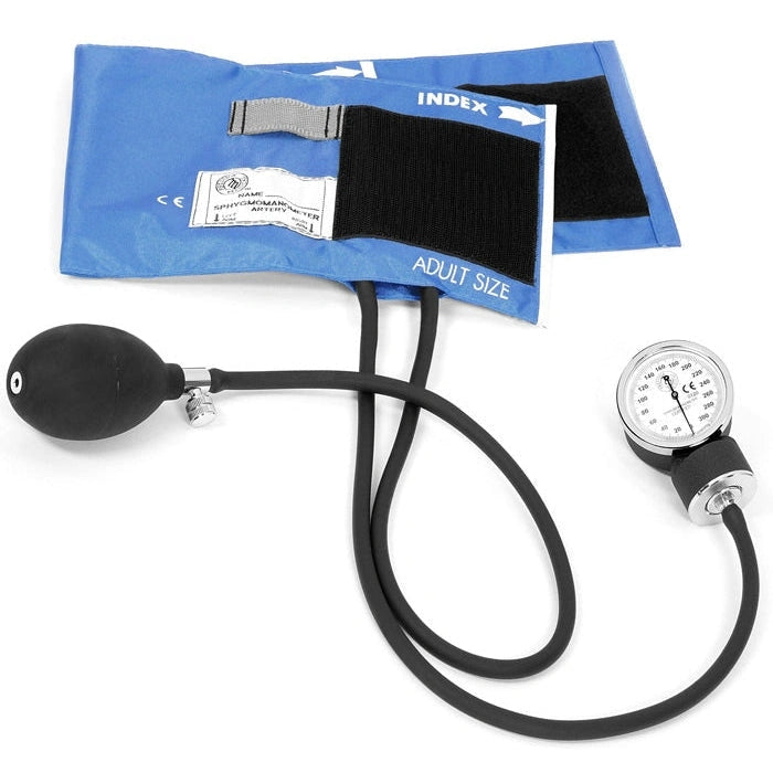 Aneroid sphygmomanometer with blue Velcro arm cuff