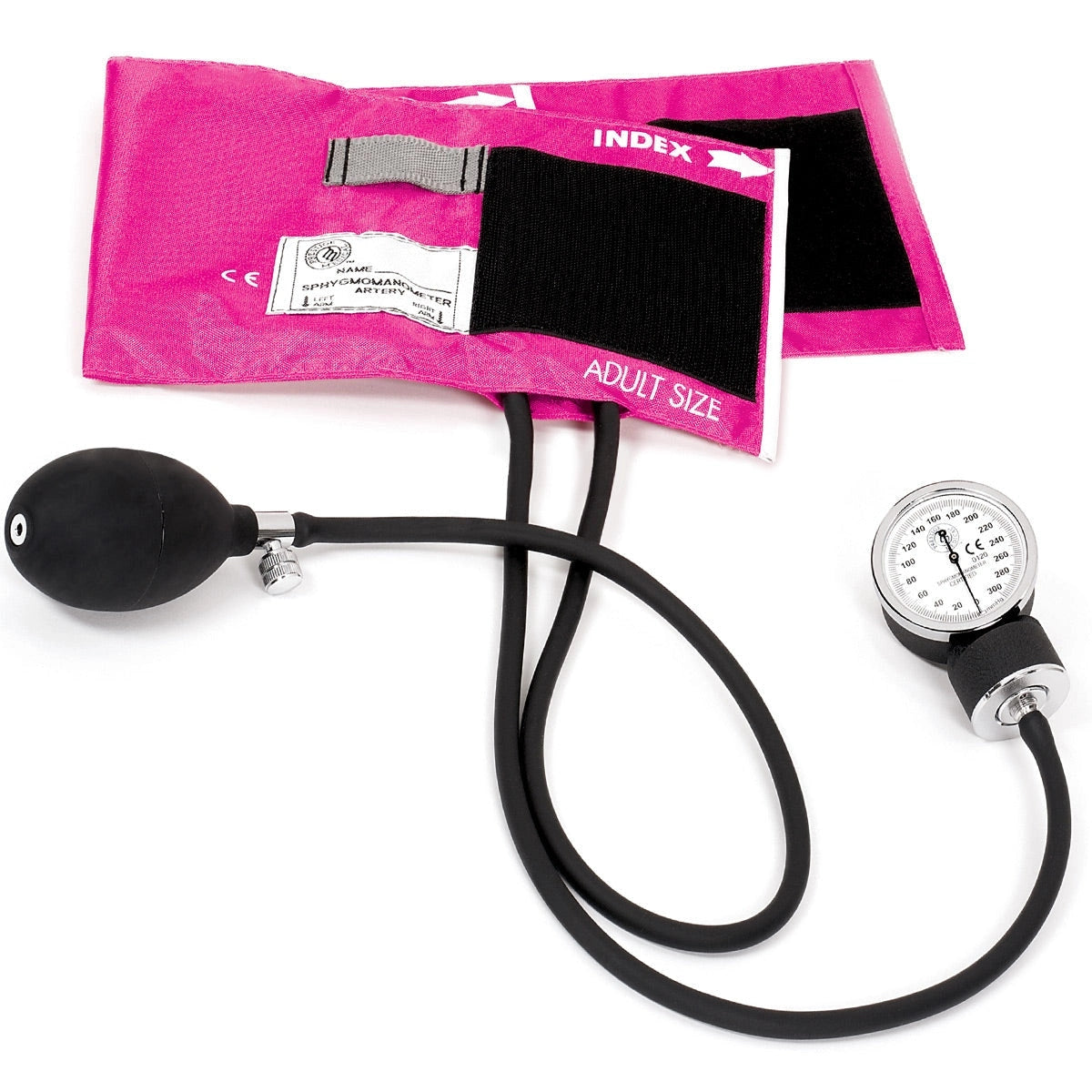 Aneroid sphygmomanometer with pink cuff for nursing students