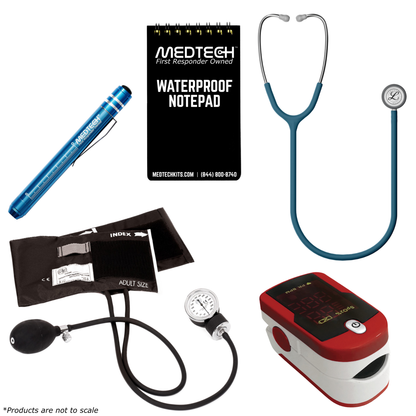 MedTech- Premium Vitals Kit- Red- Satin Finish Caribbean Blue Tube; Stainless Finish Chestpiece