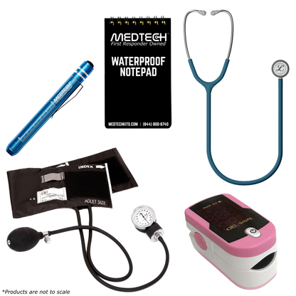 MedTech- Premium Vitals Kit- Hot Pink- Satin Finish Caribbean Blue Tube; Stainless Finish Chestpiece