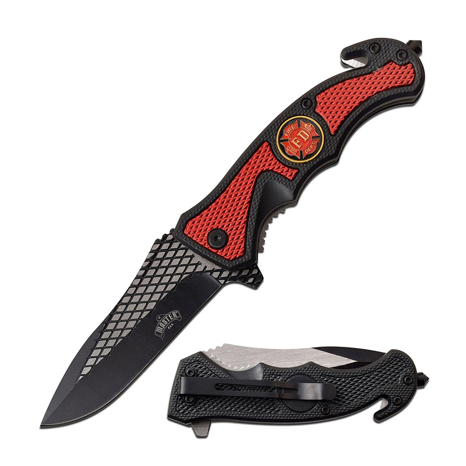 Master USA- Red Textured Firefighter Rescue Knife- - 