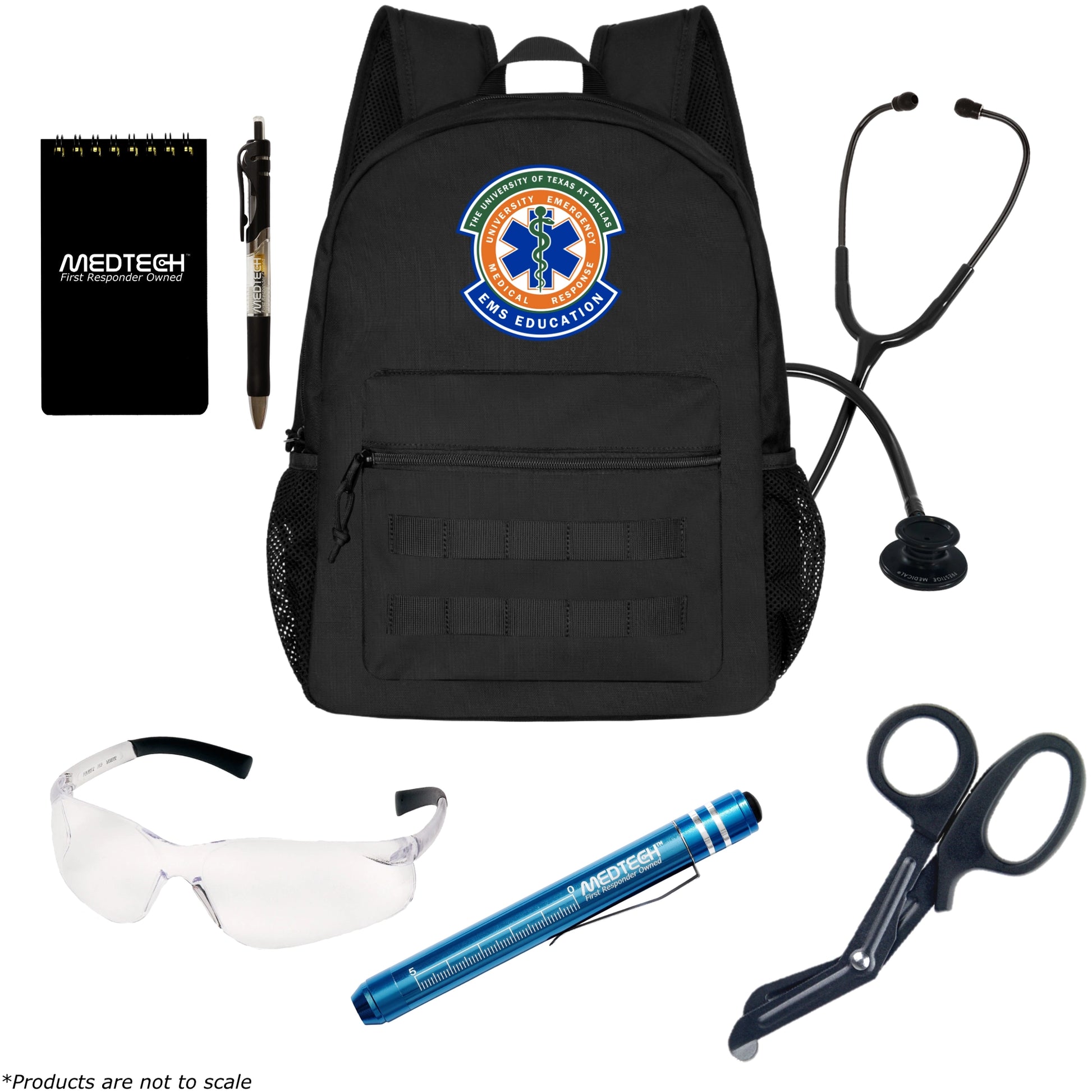 MedTech- The University of Texas at Dallas EMT Custom Clinical Kit- Black Backpack With EMT Logo- Prestige Medical Clinical Lite (Stealth Black)