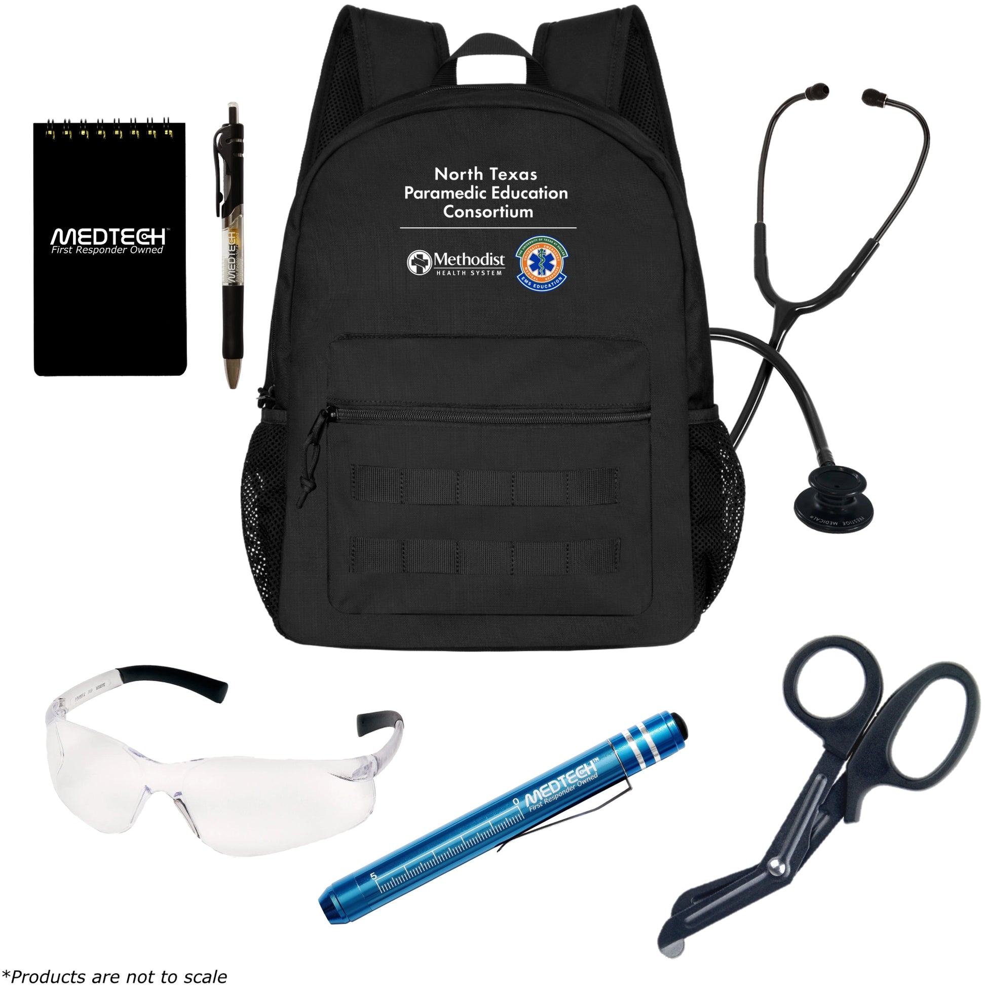 MedTech- The University of Texas at Dallas Paramedic Custom Clinical Kit- Black Backpack With EMT Logo- Prestige Medical Clinical Lite (Stealth Black)