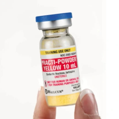 Practi-Powder Yellow 10 mL vial held for reconstitution practice